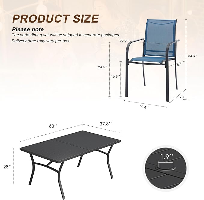 VICLLAX 7 Pieces Patio Outdoor Dining Set, 63" Outdoor Rectangular Metal Dining Table with Umbrella Hole and 6 Stackable Textilene Chairs for Lawn, Garden, Porch, Black/Dark Blue