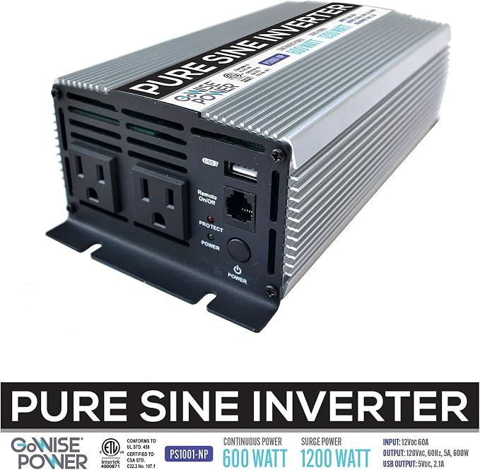 GoWISE Power 600W Pure Sine Wave Inverter 12V DC to 115V AC with 2 AC Outlets + 1 5V USB Port and 2 Clamp Cables (1200W Peak) PS1001