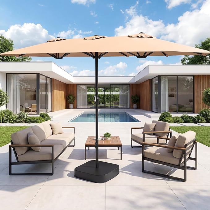 ONBRILL 2026 Upgraded 15ft Outdoor Patio Umbrella with Base Included, Extra Large Pool Umbrellas with Crank, Double Sided Rectangle Table Umbrella for Deck, Market, Garden