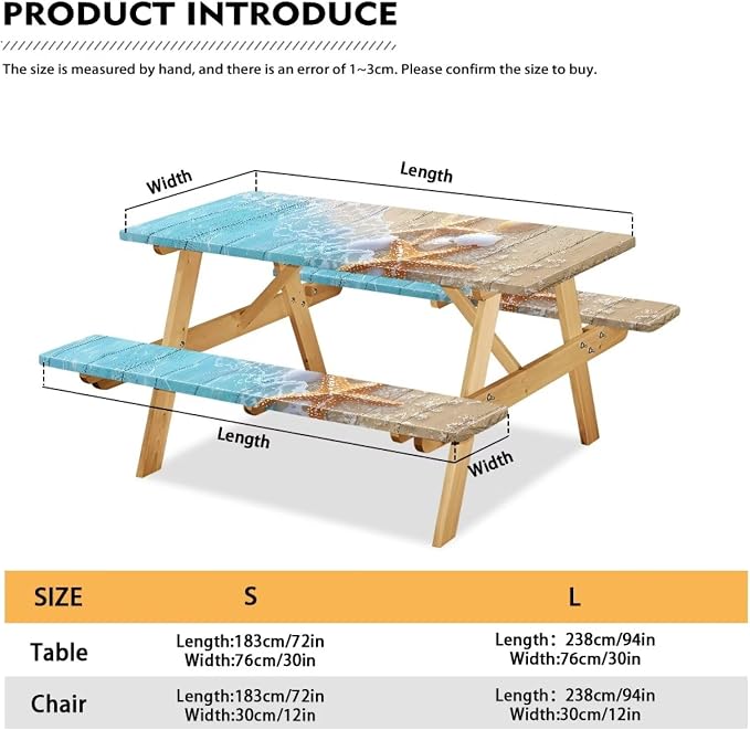Starfish Picnic Table Cover with Bench Covers Lightweight Camping Essentials, Oil-Proof Waterproof 3PCS Tablecloth with Elastic, Fitted for Table 6FT Rectangle and Seats