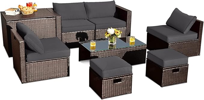 COSTWAY 8-Piece Outdoor Patio Furniture Set, Rattan Sectional Sofa, Armless Chairs, Side Table with Storage Ottoman & Glass Coffee Table, Space-Saving Conversation Set for Garden Deck (Grey)