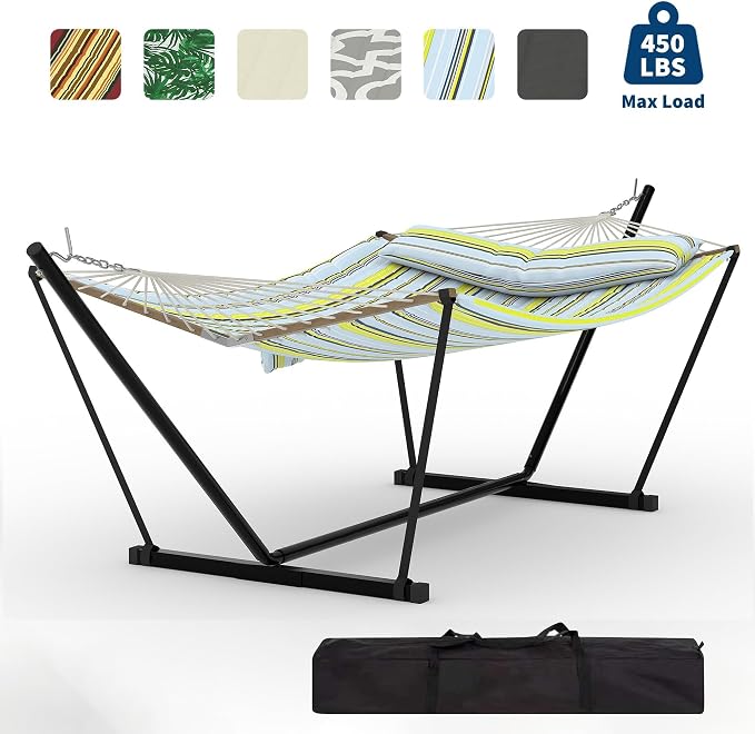 2 Person Outdoor Hammock with Stand, 450 LBS Heavy Duty Anti-Tipping Frame with Balance Rope, Rainproof & Quick Dry for Patio, Backyard, Balcony & Outdoor Garden Use, Light Blue and Green Stripes