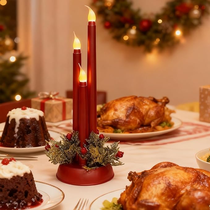 Flameless Taper Candles LED Candlesticks Battery Operated 3D Flicker Fake Candle for Xmas Wedding Fireplace Holiday Party Decor (Red)