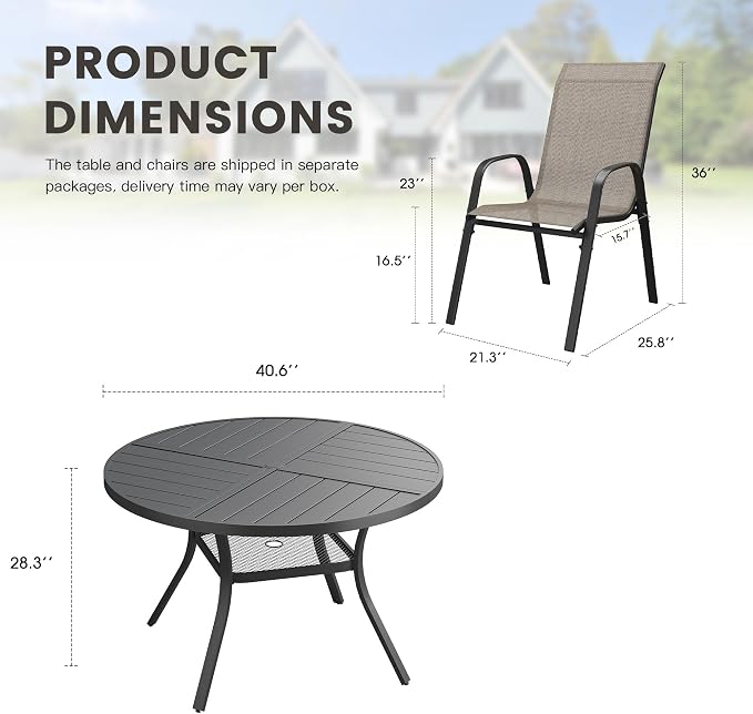 5 Pieces Outdoor Dining Set, 40.7" Spliced Patio Table with Umbrella Hole & Stackable Outdoor Dining Chairs, Patio Furniture Set for Deck Garden Porch, Brown Chairs & Black Table