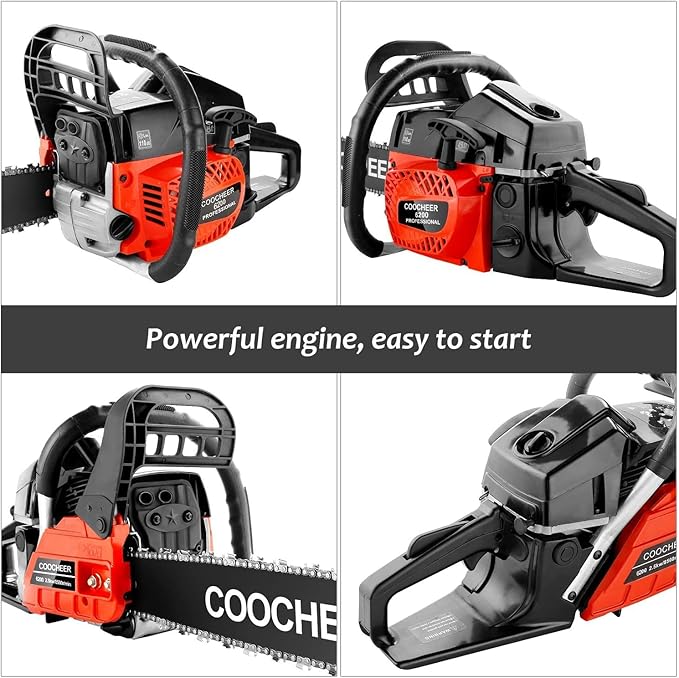 COOCHEER 62CC Gas Chainsaw, 20 Inch Professional Chainsaw with 3.5HP 2-Cycle Engine & Carrying Case, Quick Start System for Tree Cutting, Firewood, Yard Work (Orange Red)
