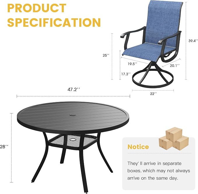 VICLLAX Patio Dining Set for 6, 7 Pieces Outdoor Furniture Includes 47.2" Round Patio Table with Umbrella Hole and 6 Outdoor Swivel Chairs for Lawn Garden, Black Tabletop and Blue Fabric