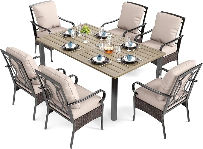 SUNSHINE VALLEY 7 Piece Patio Dining Sets for 6, Outdoor Table and Chairs with Cushioned Wicker Patio Dining Chairs & Wood-Like Dining Table (1.61-2”Umbrella Hole), Outdoor Dining Sets for Backyard