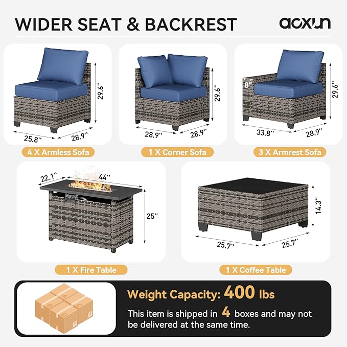 Aoxun Patio Furniture Sets with 44'' Fire Pit, 10 Pcs Outdoor Patio Coversation Set with 4'' Thicken Cushion, Widen Armrests Wicker Outdoor Sectional for Backyard (Waterproof Cover Include)