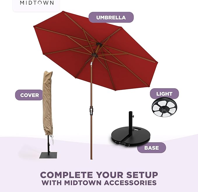Midtown Umbrellas Wooden 2-8 Ft Patio Umbrella with 360° Swivel & Tilt Mechanism, 8 Fiberglass Ribs & Sunbrella Fabric - Outdoor Umbrella for Deck, Pool & Garden - Burgundy Canopy, Wooden Pole