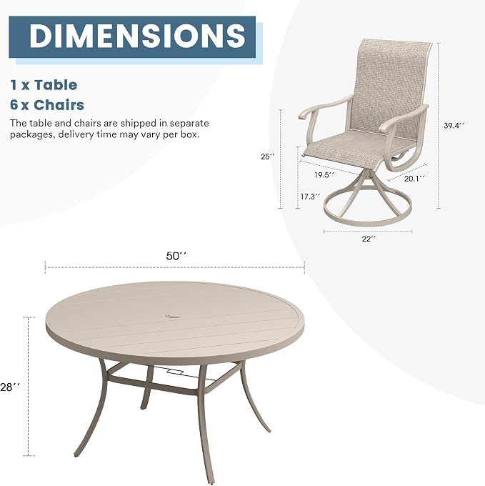DIFY Outdoor Dining Set for 6, 7 Piece Patio Table and Chairs Set, Swivel Patio Dining Chairs with Textilene Fabric & 50" Round Metal Dining Table with Umbrella Hole, for Garden Backyard, Sandshell