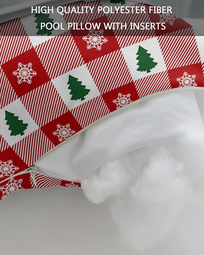 Outdoor Pillows Covers with Inserts Christmas Tree Snowflake Red White Plaid Waterproof Recliner Pillow with Adjustable Strap Throw Pillows for Patio Furniture Pool Lounge Chair, 11x16 inch, 1PCS