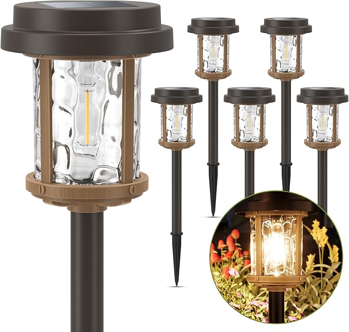 XMCOSY+ Solar Pathway Lights 6 Pack, Bright 20 Lumens Solar Garden Lights, Auto On/Off 10 Hours with Metal Glass Solar Powered, Waterproof Landscape Lights for Outside Yard Walkway Driveway Lawn