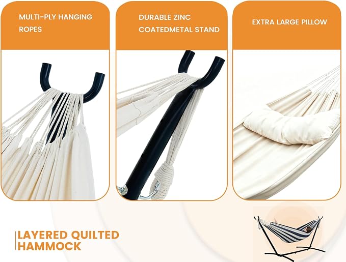Lazy Daze Portable Hammock with Stand, Free Standing Hammocks for Indoor Outdoor Patio Yard, Has a Carrying Bag and Pillow, 9ft Steel Hamacas Heavy Duty 2 Person Amaca 450 lbs Capacity(White)