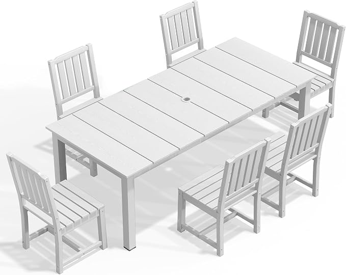 AreShark 7-Piece Outdoor Dining Set,HDPE Patio Table with 6 Armless Chairs,All-Weather Patio Furniture Set with Umbrella Hole,Low Maintenance Wood Grain Dining Set for Backyard,Garden,Poolside,Black