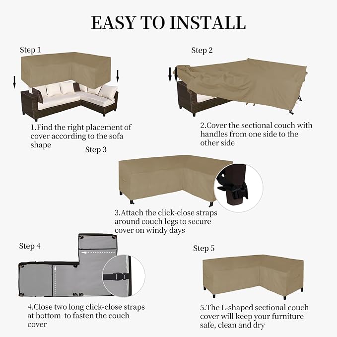 Easy-Going Patio L-Shaped Sectional Sofa Cover, 85"X58" Waterproof Heavy Duty Outdoor Garden Furniture Cover with Air Vent (Right Facing, Camel)