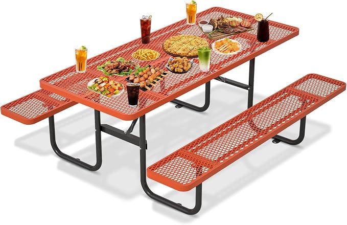 Picnic Tables for Outdoors with Umbrella Hole-Coated Steel Heavy Duty Commercial Grade Table with Seats,Commercial Metal Picnic Tables,Heavy Rectangular Furniture Set for a Lifetime (Orange)