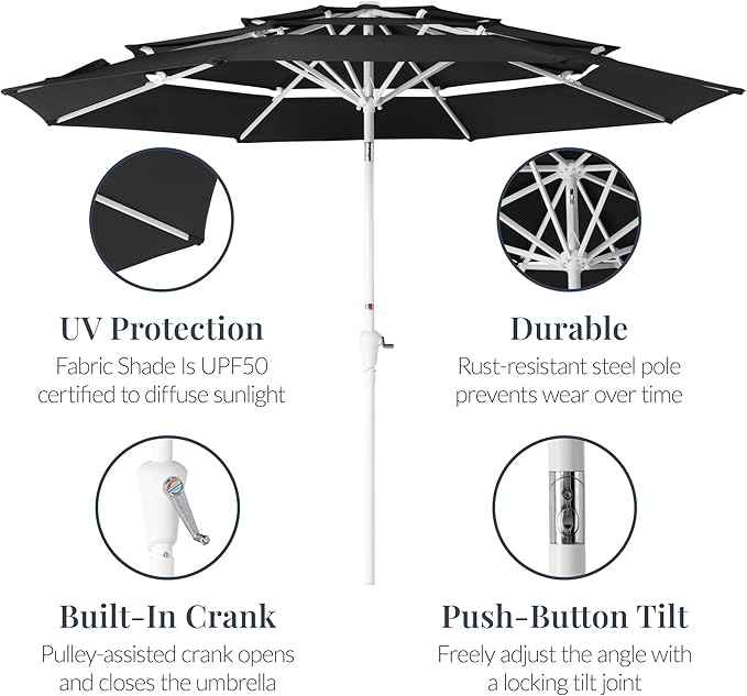 Best Choice Products 10ft 3-Tier Patio Umbrella White Pole, Outdoor Market Umbrella with Push Button Tilt and Crank Lift, Steel Pole Umbrella for Backyard Patio Pool Outdoor Shade