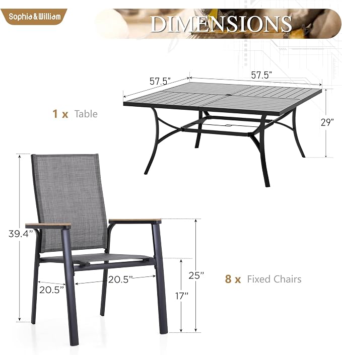 Sophia & William Patio Dining Set for 8 w/Square Table & Aluminum Chairs | Metal table, Grey Stackable Chairs, Breathable & quick-drying, Light-weight & space-saving, Umbrella Hole, Outdoor