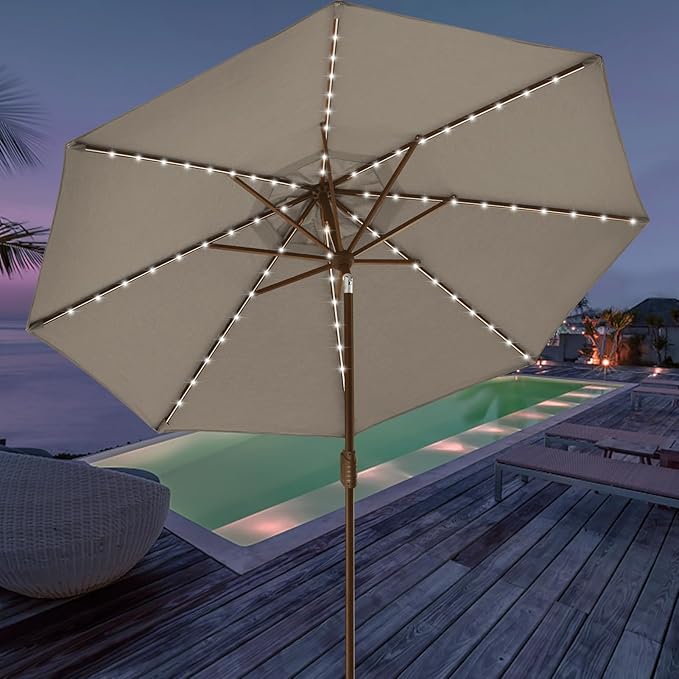 EliteShade USA 10-Year-Non-Fading 9ft Market Patio Umbrella, Commercial Grade Table Sun Umbrella with 80 Solar LED Lights, Crank Open, Windproof & UPF 50+ UV Protection for Garden, Deck, Pool, Backyard, Mushroom