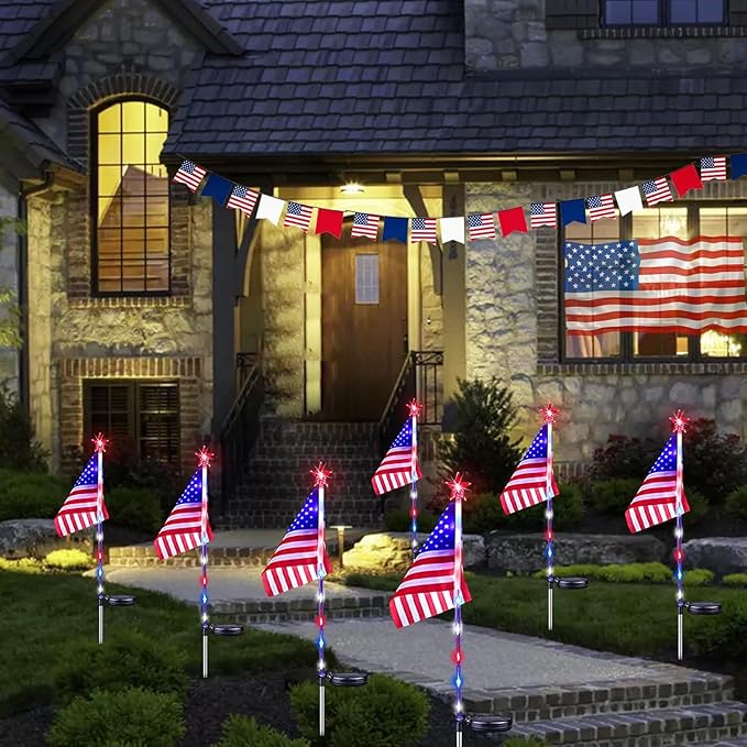 6 Pack 4th of July Decorations Outdoor Solar Lights, Red White and Blue American Flag Star Lights for National Day, Waterproof Patriotic Light for Independence Day 250th Anniversary Garden Yard Path