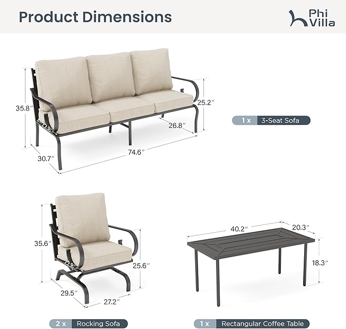 PHI VILLA Patio Furniture Set, 3-Seater Sofa, 2 Rocking Chairs and a Coffee Table, Outdoor Metal Conversation Set with 5.75" Extra Thick Cushion for Garden Backyard Deck, Beige