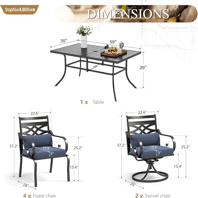 Sophia & William Patio Dining Set, Steel, Blue | Umbrella Hole, Swivel Chairs, E-Coated, Cushions Included, For Patio, Garden and Yard