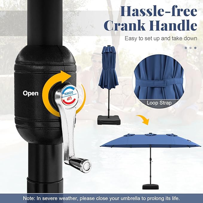 Tangkula 15FT Double-Sided Solar Patio Umbrella, Extra-Large Outdoor Twin Umbrella with 48 LED Lights, Vented Top, Crank Handle, 12 Ribs, Weighted Base Included for Backyard Poolside Deck (Navy)