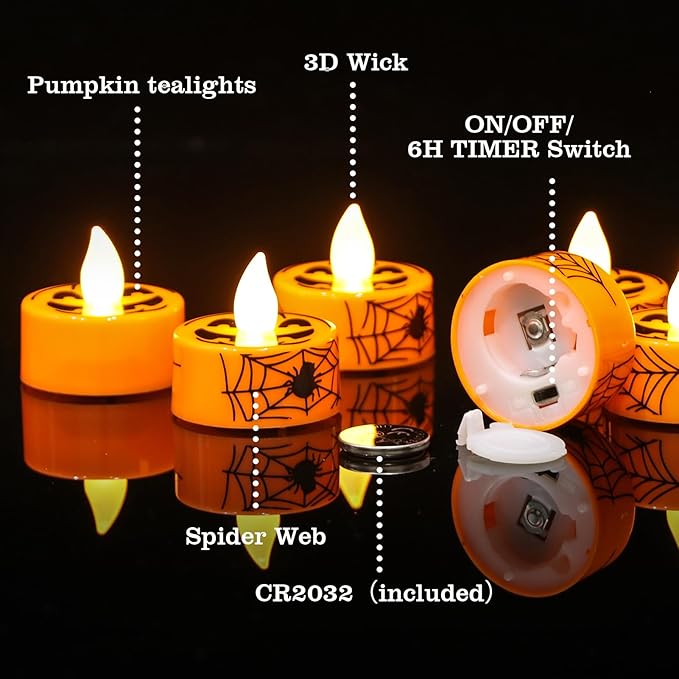 GenSwin Halloween Tealights Candles Battery Operated, 12 Pack Tea Lights Flameless Candles with Timer, Orange LED Votive Flickering Candles with Pumpkin Face and Spiderweb Prints for Halloween Decor