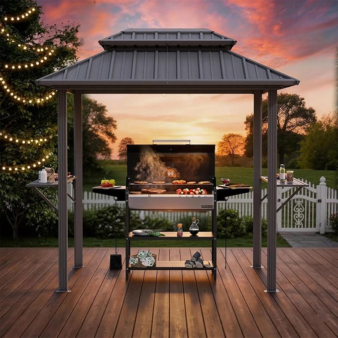 EROMMY 8' x 6' Hardtop Grill Gazebo with Galvanized Steel Double Roof, Outdoor Metal Patio BBQ Gazebo with 2 Side Shelves and Ceiling Hook for Deck Lawn Backyard Garden (Black)