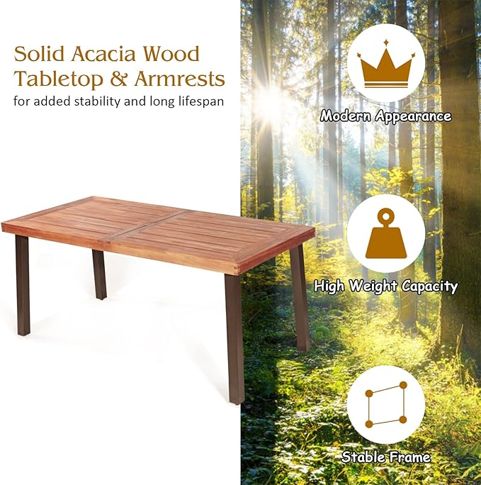 Tangkula 6 Pieces Wicker Patio Dining Set, Patiojoy Outdoor Dining Furniture w/ 1 Acacia Wood Tabletop Dining Table, 4 Stackable Chairs & 1 Rattan Bench, Backyard Garden Steel Frame Conversation Set