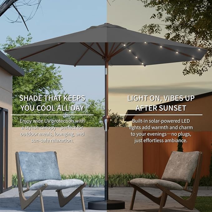 9FT Solar Umbrella 32 LED Lighted Patio Umbrella Table Market Umbrella w/Tilt and Crank, UV-Resistant Outdoor Umbrella for Pool, Garden, Deck, Gray