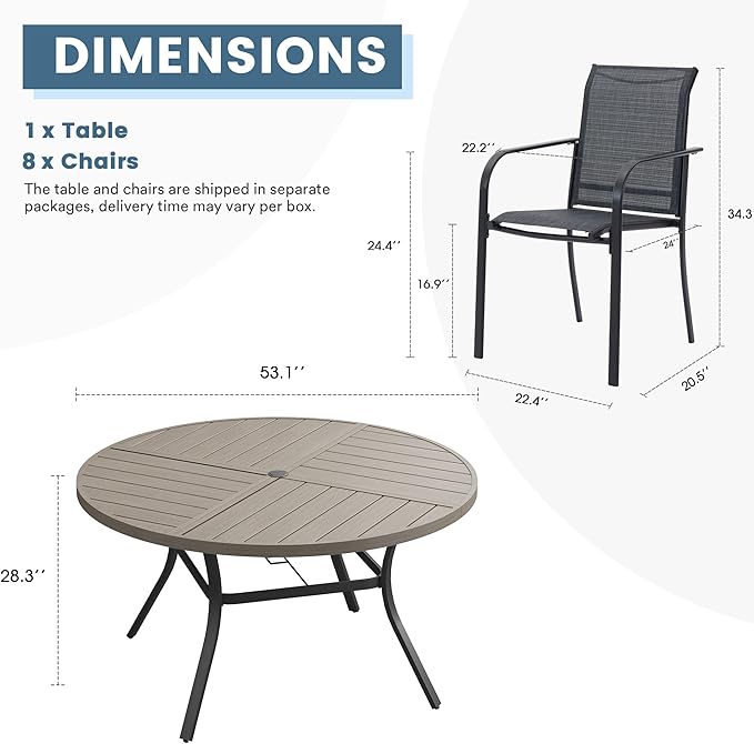 DIFY 9 Pieces Outdoor Patio Dining Set for 8, 53.1" Grey Wood-Like Round Metal Dining Table and 8 Grey Stackable Textilene Patio Chairs, Outdoor Table and Chairs for Backyard Garden Poolside