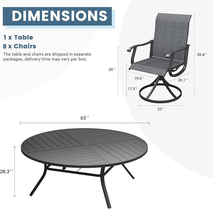 DIFY Patio Table and Chairs Set for 8, 9 Piece Outdoor Dining Set, 63" Black Round Metal Dining Table with Umbrella Hole and 8 Dark Grey Textilene Swivel Patio Chairs, for Garden Backyard Deck