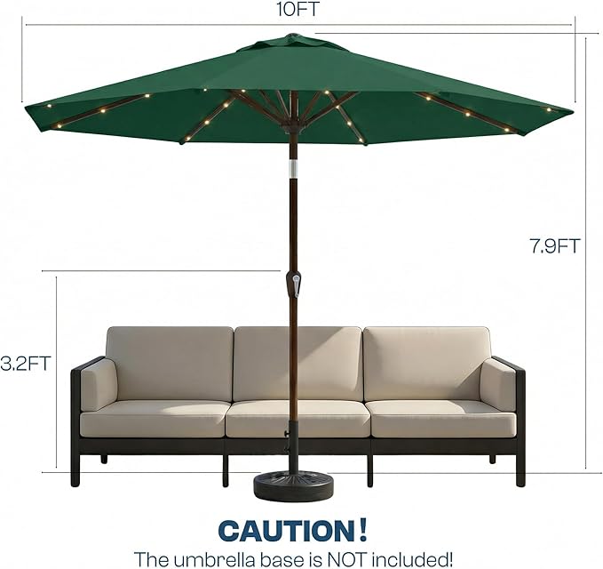 10FT Solar Patio Umbrella with Lights, Outdoor Table Market Umbrella with 32 LED Lights, 8 Sturdy Ribs, Push Button Tilt and Crank for Pool, Deck and Garden, UV-Resistant