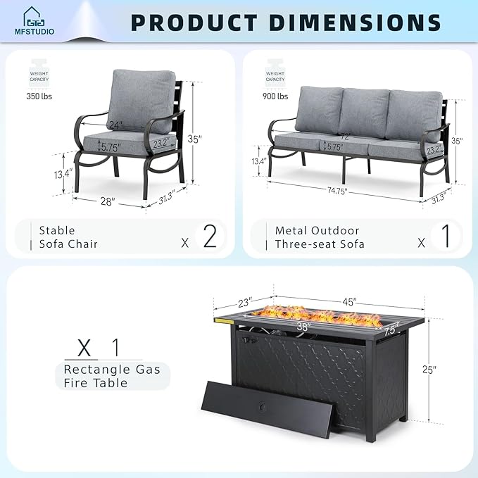 MFSTUDIO 4 Piece Patio Conversation Sets, All Weather Metal Frame Outdoor Furniture Set Patio Sofas with 1 x 45 Rectangular Fire Pit Table, 1 x 3-Seat Sofa, 2 x Sofa Chairs, Grey Cushion