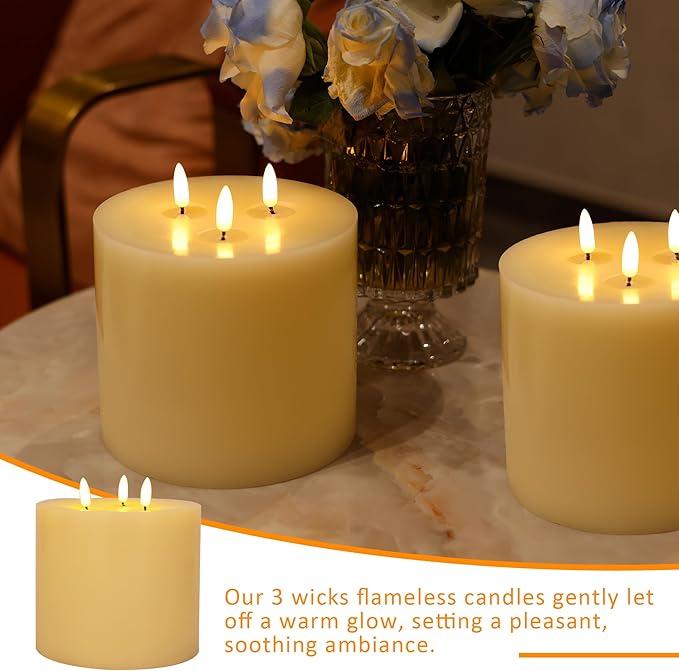 Extra Large Flameless Candles, 6"x6" Real Wax Battery Operated Candles with Remote and Timer, Flickering LED Pillar Candles with 3 Wicks for Home, Wedding, Party, Holiday, Ivory