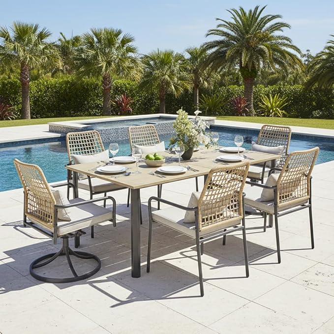 Anmutig Outdoor Patio Table for 6 Person, Patio Dining Rectangle Table with 1.57" Umbrella Hole for Garden Lawn Backyard Parties, Black Metal Frame 63" L x 38" W x 29" H Brown