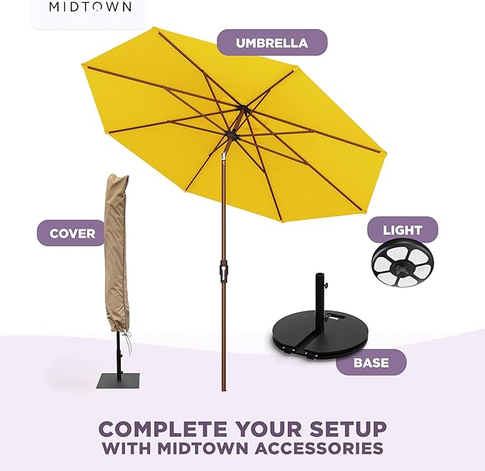 Midtown Umbrellas Wooden 2-10 Ft Patio Umbrella with 360° Swivel & Tilt Mechanism, 8 Fiberglass Ribs & Terylast Polyester Fabric for Deck, Pool, Garden & Porch - Sunflower Canopy, Wooden Pole