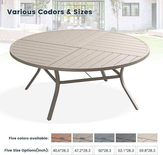 Patio Dining Table for 8-10, Round Metal Outdoor Table with Storage Shelf, 1.57" Umbrella Hole, 60" Outdoor Quartered Tabletop Dining Table for Backyard, Porch, Lawn, Sand