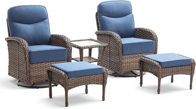 5 Pieces Luxury Patio Furniture Sets with 6-Inch Thick Cushions, High Back Swivel Outdoor Rocking Chairs Set of 2 with Multifunctional Ottoman, Wicker Conversation Set for Porch Garden, Blue