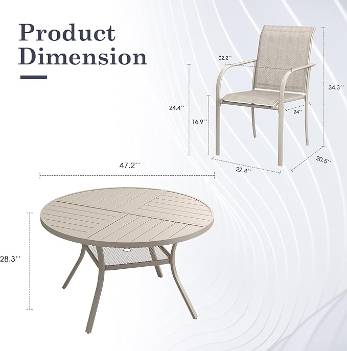 7 Pieces Outdoor Dining Set, Stackable Textilene Paito Chairs & 47.1" Round Dining Table with Umbrella Hole and Shelf, Patio Dining Set for Backyard, Deck, Garden, Sandshell