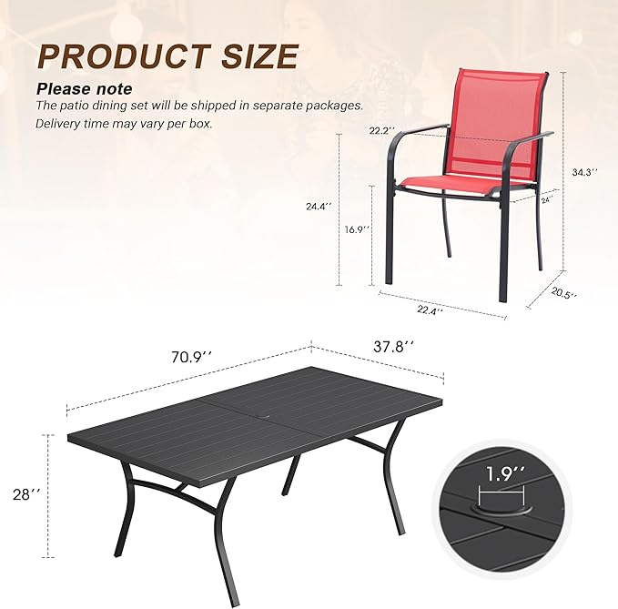 VICLLAX 9 Pieces Patio Outdoor Dining Set, 70" Outdoor Rectangular Metal Dining Table with Umbrella Hole and 8 Stackable Textilene Chairs for Lawn, Garden, Porch, Black/Red