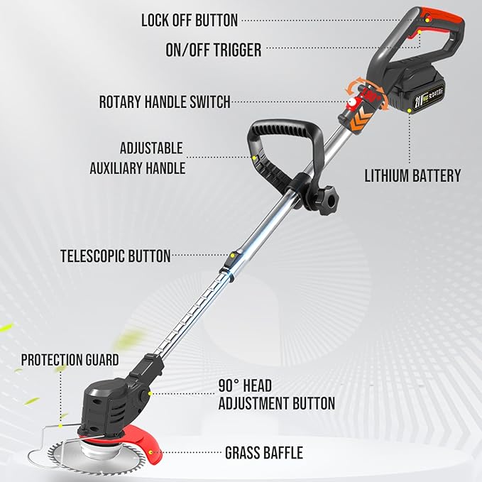 Cordless Weed Wacker, 21V Battery Powered Weed Eater with 2X 2.0Ah Batteries and Charger, Metal Blade Electric Weed Wacke, 3-in-1 Stringless Grass Trimmer Lawn Edger Brush Cutter for Garden Yard