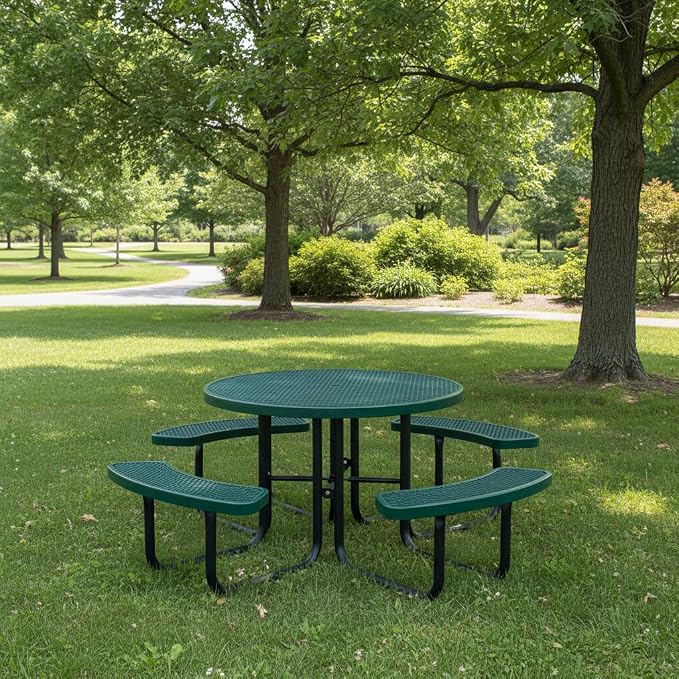 8-Person Picnic Tables for Outdoors, Industrial 46" Expanded Metal Round Picnic Table with 4 Benches & Umbrella Hole, Outside Table and Bench Set for Park, Garden, Backyard, Patio, Green