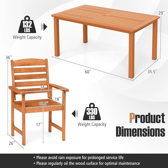 Tangkula 7 Pieces Outdoor Dining Set for 6, Patio Solid Wood Slatted Rectangular Dinner Table and Armchairs Set w/Umbrella Hole, Teak Oil Finish, for Lawn, Deck, Yard, Porch and Poolside