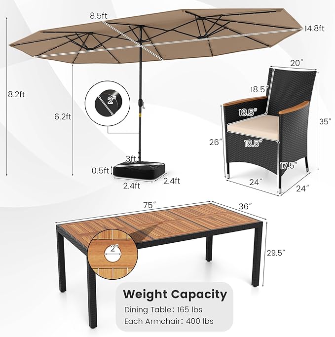Tangkula 11 Pieces Patio Dining Set with Double-Sided Led Patio Umbrella (Base Included), with 8 Stackable Chairs, Acacia Wood Dining Table and Large Umbrella with Solar Lights (Coffee + Off White)