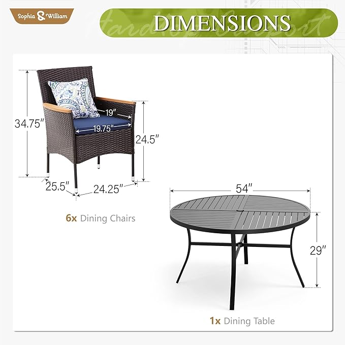 Sophia & William 7 Pieces Round Patio Dining Set for 6, Metal Patio Table and Rattan Chairs Set for Outside, All Weather Outdoor Dining Set with 1.6" - 2" Umbrella Hole