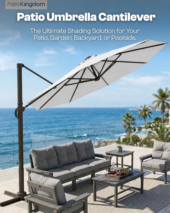 11 FT Round Cantilever Umbrella,Easy Tilt, Fade Resistant & 360° Rotation, Offset for Pool Deck Backyard Patiolight gray (Base not Included)