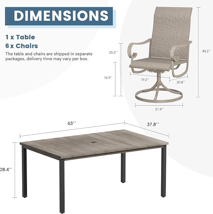 DIFY 7 Pieces Outdoor Patio Dining Set for 6, Swivel Dining Chairs with Sandshell Textilene and 63" Grey Wood-Like Rectangle Metal Dining Table, Outdoor Table and Chairs for Lawn Garden Backyard Deck