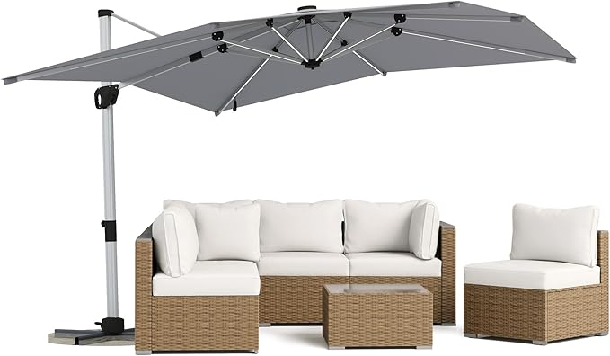 LAUSAINT HOME 10FT Square Cantilever Patio Umbrella with Solar Lights, Windproof Heavy Duty Offset Outdoor Umbrella for Backyard, Pool, Garden & Deck, Gray